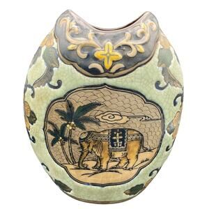 Formalities by Baum Bros. Vase Elephant Palm Tree CrackleWare Design 9" INDIA
